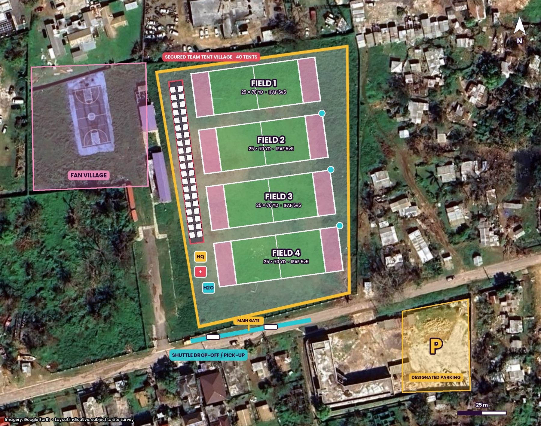 Annotated aerial view of the Negril venue: four flag football fields inside a fenced site, a 40-tent team village along the west fence, HQ, medical and water by the main gate, the shuttle stop on the south road, parking across the road and a fan village next door.